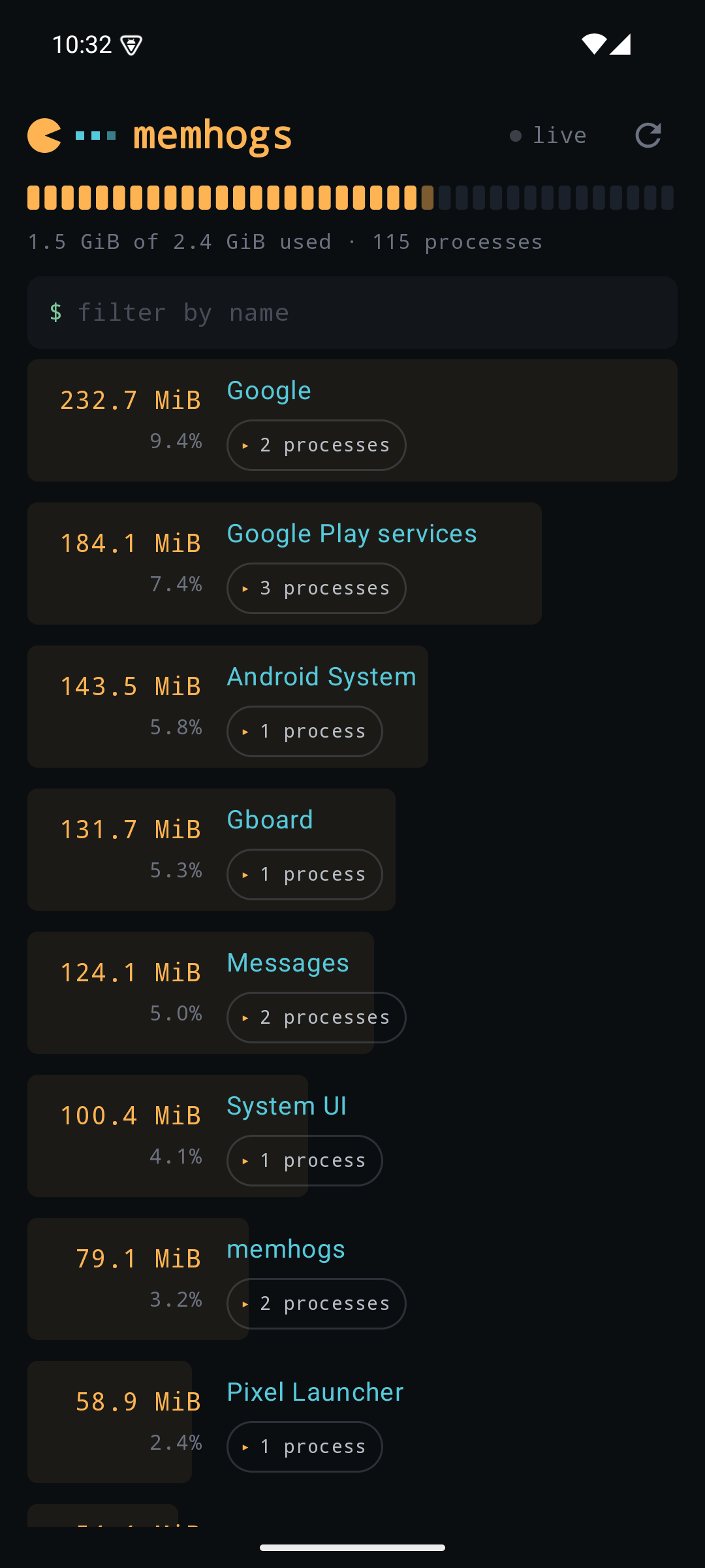 memhogs on a phone, apps ranked by memory with proportional bars